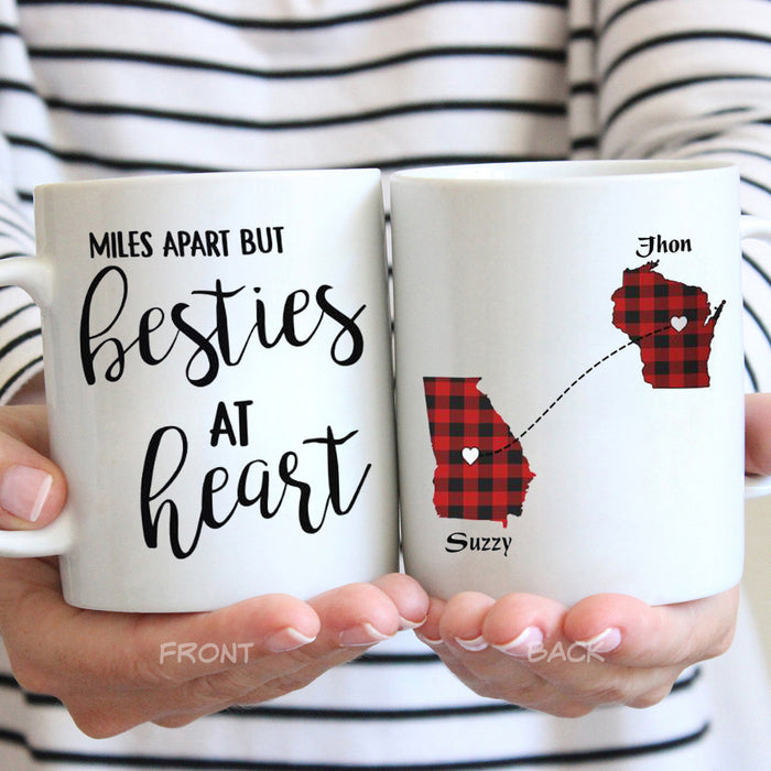 Personalized Coffee Mug For Sisters Mile Apart Besties At Heart Red Plaid Custom Name White Cup State To State Map Gifts