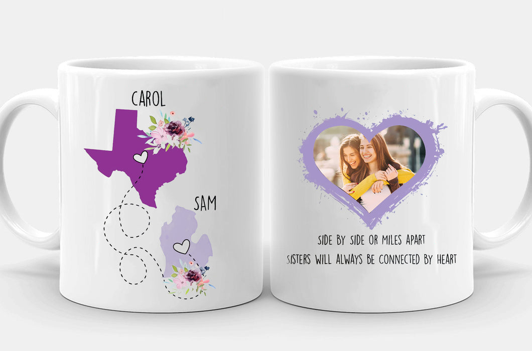 Personalized Coffee Mug For Sister Side By Side Or Miles Apart Flowers Custom Name & Photo Cup State To State Map Gifts