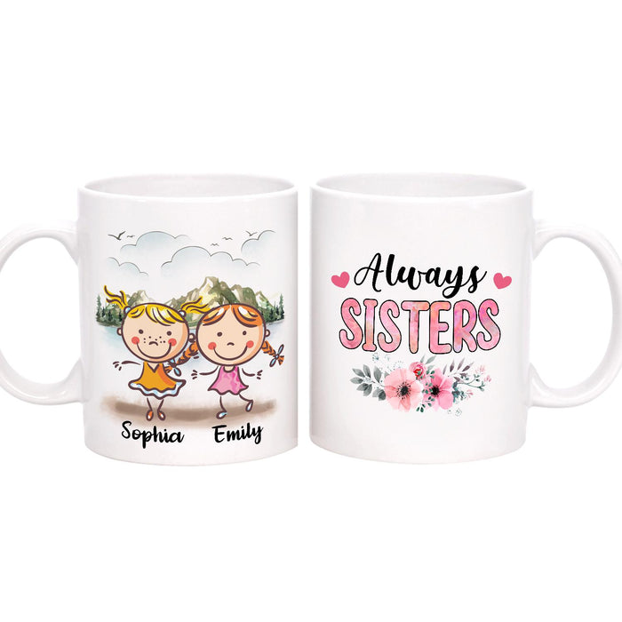 Personalized Ceramic Coffee Mug For Bestie BFF Always Sisters Cute Girls & Flower Print Custom Name 11 15oz Cup