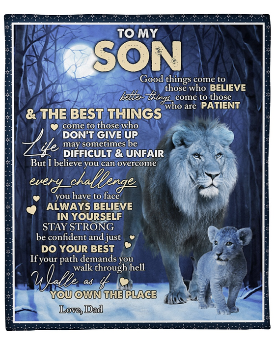 Personalized Fleece Blanket To My Son From Dad Funny Lions & Moon Design Print Customized Name Throw Blankets