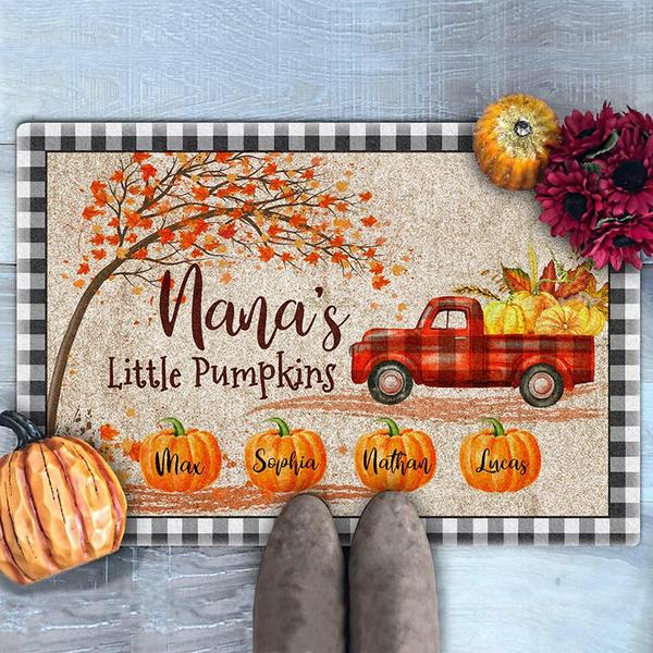 Personalized Welcome Door Mat For Grandma Nana's Little Pumpkins Plaid Truck & Maple Tree Printed Custom Grandkid's Name