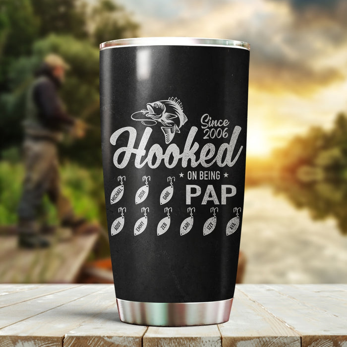 Personalized Tumbler Gifts For Grandpa From Grandkids Vintage Hooked On Being Pap Fishing Lovers Custom Name Travel Cup