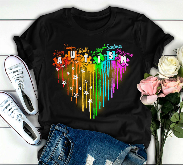 Classic Unisex T-Shirt For Autism Awareness Colorful Dripping Heart Puzzle Stars Shirt Autism Support Shirt
