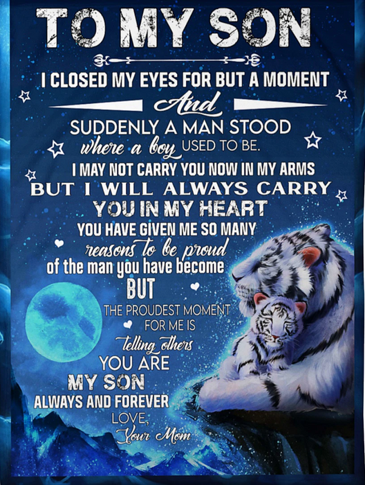 Personalized Fleece Blanket for Son With Design Tiger Mom Hugging Kid I Will Always Cary You In My Heart Custom Name