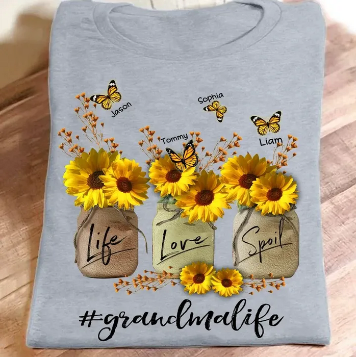 Personalized T-Shirt Life Love Hashtag Grandma Life Spoil Jars Of Flower & Butterfly Printed Custom Grandkids Name