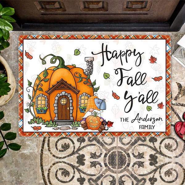 Personalized Welcome Doormat For Fall Lovers Happy Fall Y'all Cute Pumpkin House With Leaves Printed Custom Family Name