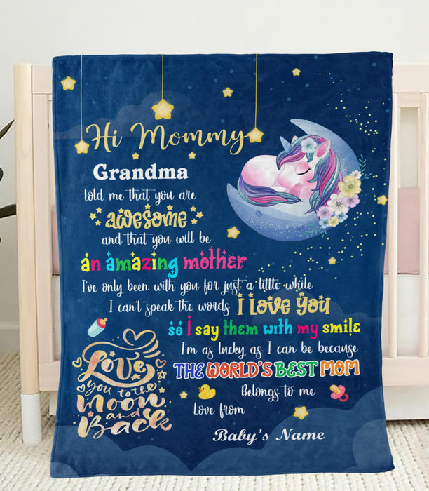 Personalized Hi Mommy Blanket From Newborn Baby Sleeping Unicorn Printed Custom Baby'S Name Love You To The Moon & Back