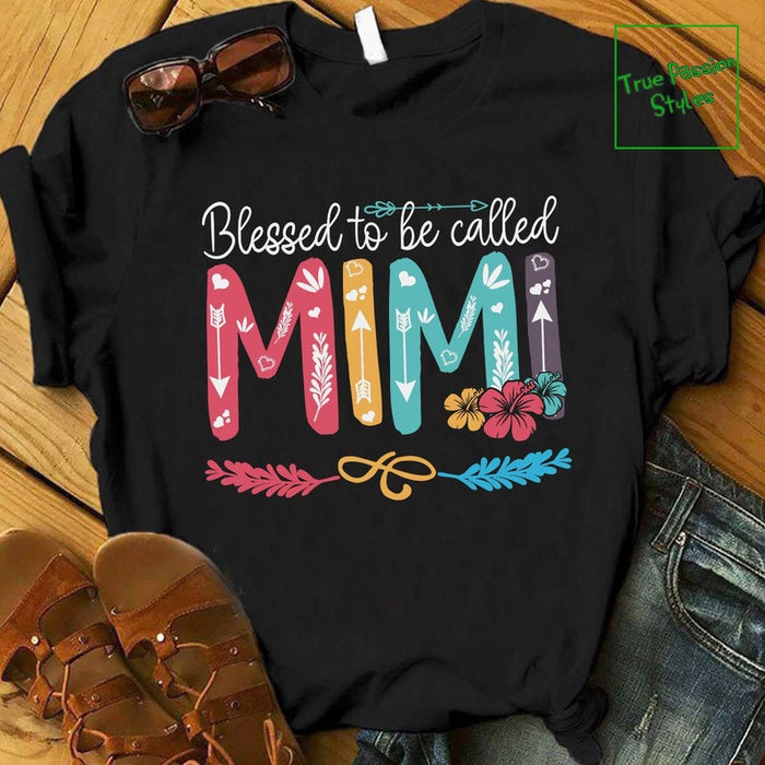 Personalized T-Shirt For Grandma Blessed To Be Called Mimi Flower, Feather & Arrow Printed Mother'S Day Shirt