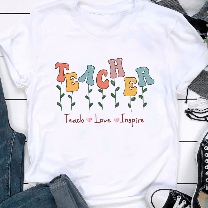 Personalized T-Shirt For Teachers Teach Love Inspire Colorful Design Custom Name Back To School Outfit