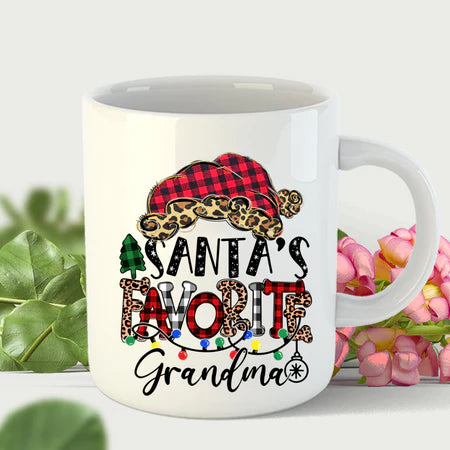 Personalized Coffee Mug Gifts For Grandma Santa's Favorite Nana Leopard Red Plaid Art Custom Name Christmas White Cup