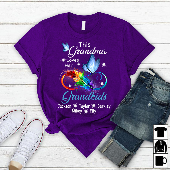 Personalized T-Shirt This Grandma Loves Her Grandkids Infinity Symbol Feather & Butterfly Printed Custom Names