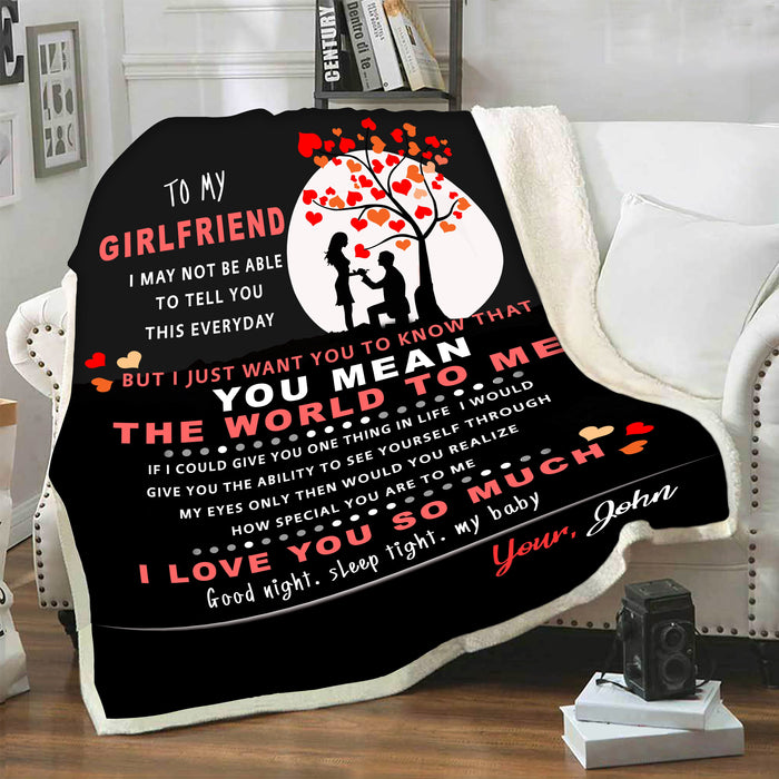 Personalized To My Girlfriend Blanket From Boyfriend You Mean The World To Me Couple Proposing Under The Moon Printed