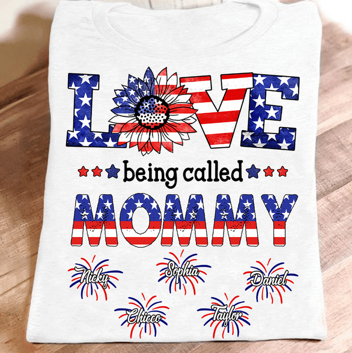 Personalized T-Shirt For Grandma Firework & Sunflower With USA Flag Design Custom Grandkids Name 4th July Day Shirt