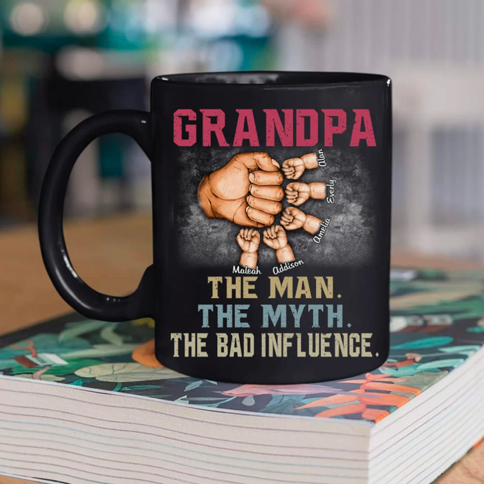 Personalized Black Coffee Mug For Grandpa Fist Bump Print Vintage Design Custom Year 11 15oz Cup Father's Day Mug