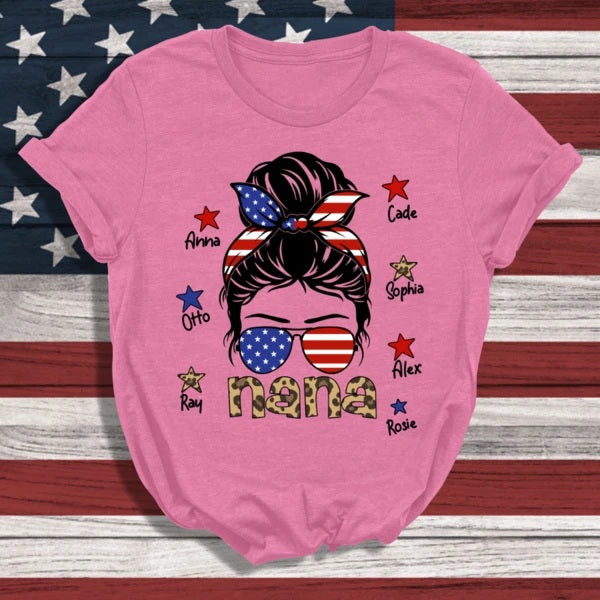 Personalized T-Shirt For Grandma Nana Messy Bun Hair US Flag Art Printed Shirt Custom Grandkids Name Patriotic Shirt