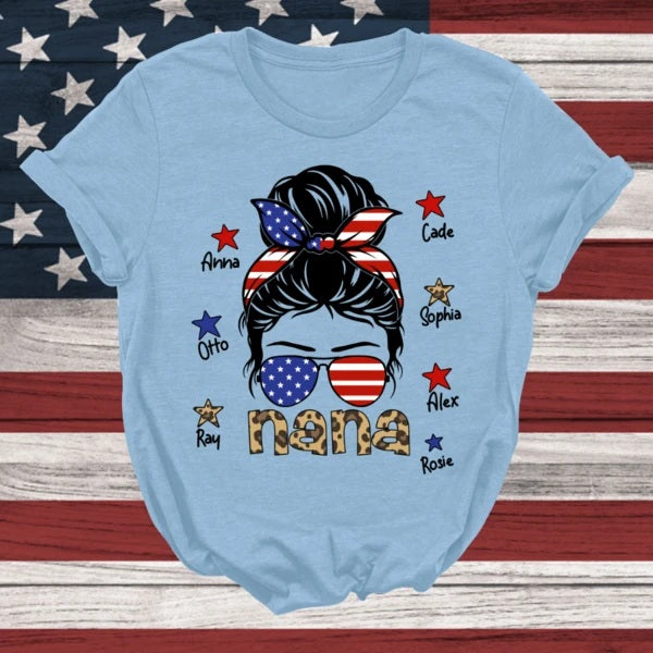 Personalized T-Shirt For Grandma Nana Messy Bun Hair US Flag Art Printed Shirt Custom Grandkids Name Patriotic Shirt