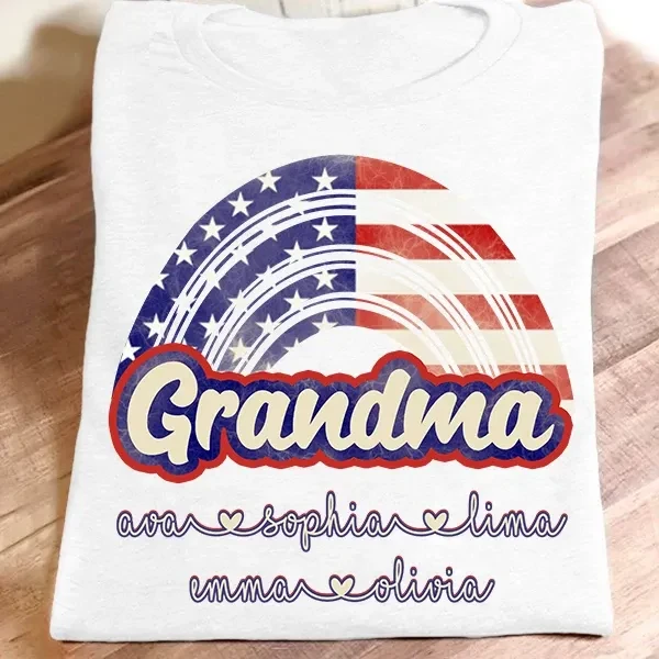 Personalized T-Shirt For Grandma Rainbow Printed USA Flag Design Custom Grandkids Name 4th July Day Shirt