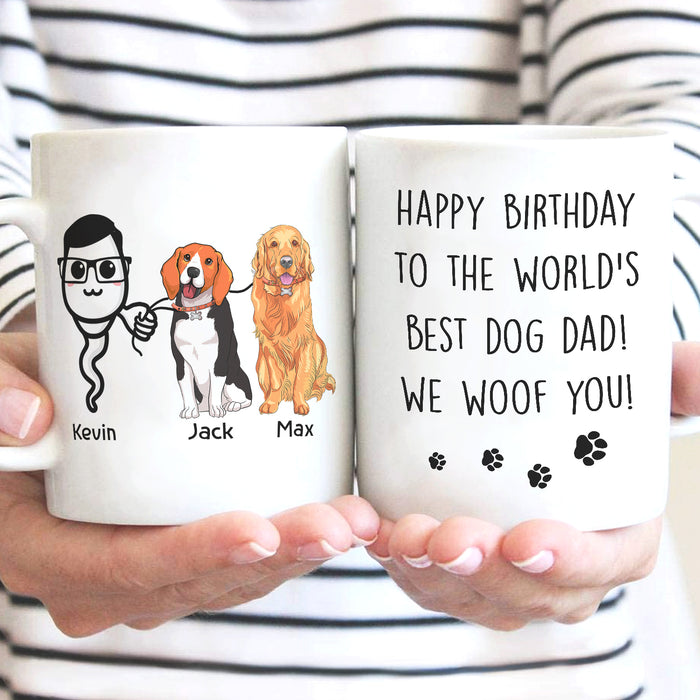 Personalized Ceramic Coffee Mug For Dog Dad Happy Birthday We Woof You Sperm & Dog Print Custom Name 11 15oz Cup