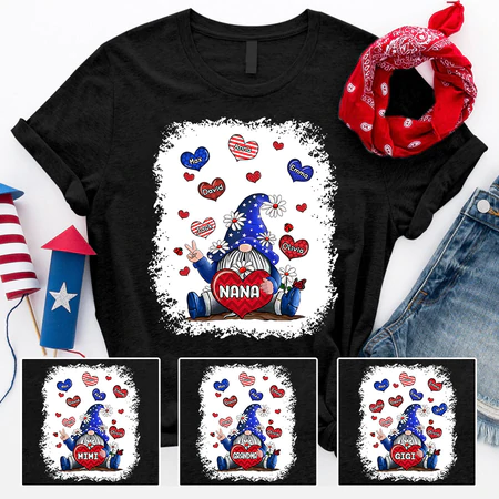 Personalized T-Shirt For Grandma Gnome Hearts & Daisy Print USA Flag Design Custom Grandkids Name 4th Of July Shirt
