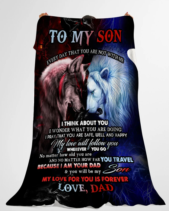 Personalized Premium Fleece Blanket To My Son From Dad Wolf & Lion Face To Face Throw Blanket Customized Name