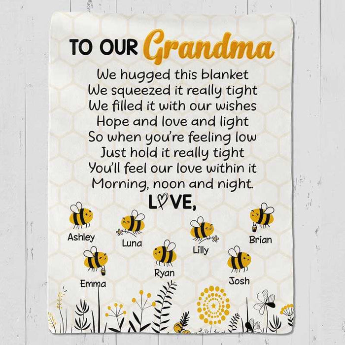 Personalized To Our Grandma Blanket We Hugged This Blanket Cute Bee & Flower Printed Custom Grandkids Name