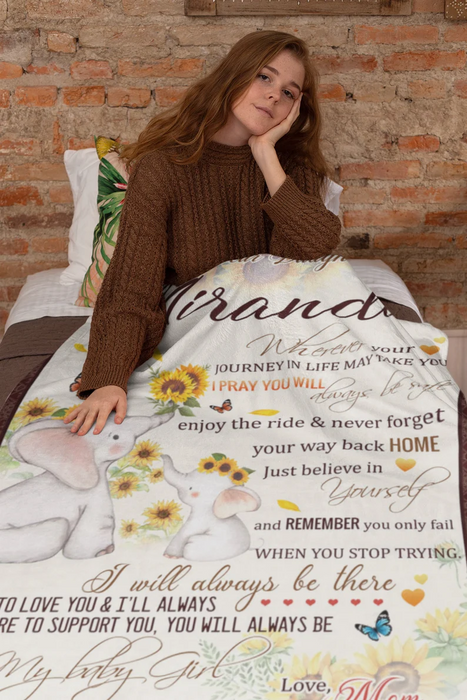 Personalized To My Daughter Blanket Print Cute Elephant & Sunflower Wherever Your Journey In Life May Take Custom Name