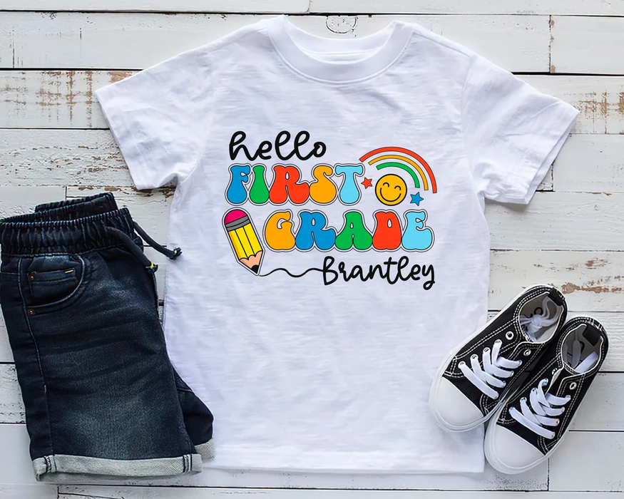 Personalized T-Shirt For Kid Hello Hello First Grade Rainbow & Smiley Face Print Custom Name Back To School Outfit