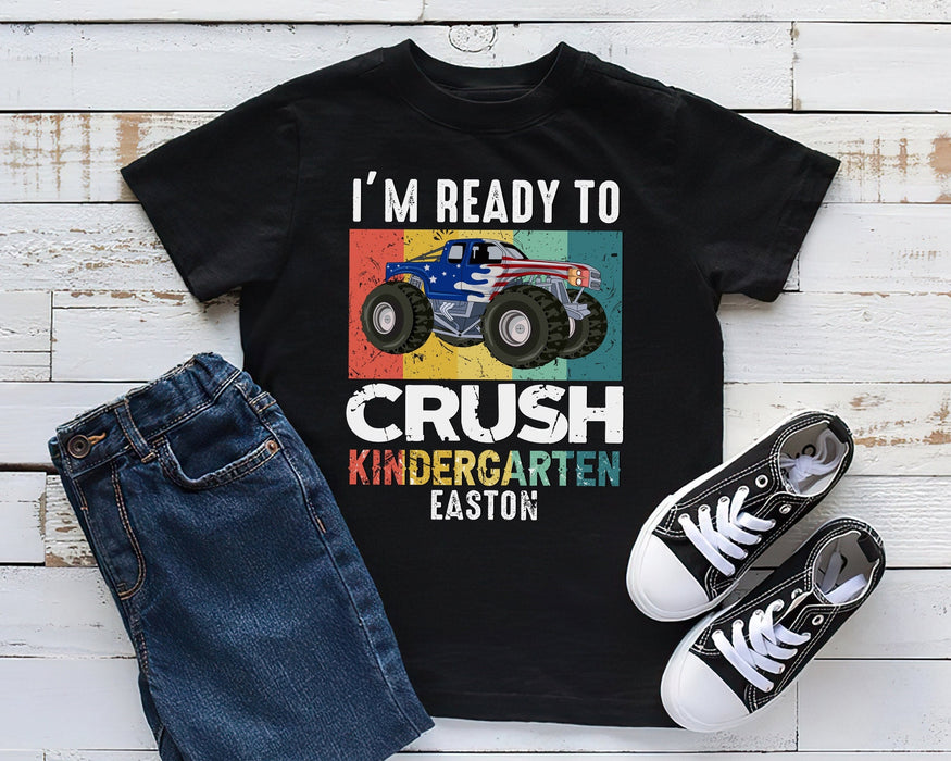 Personalized T-Shirt Gifts For Kids Monster Truck Ready To Crush Kindergarten Custom Name & Grade Shirt Back To School