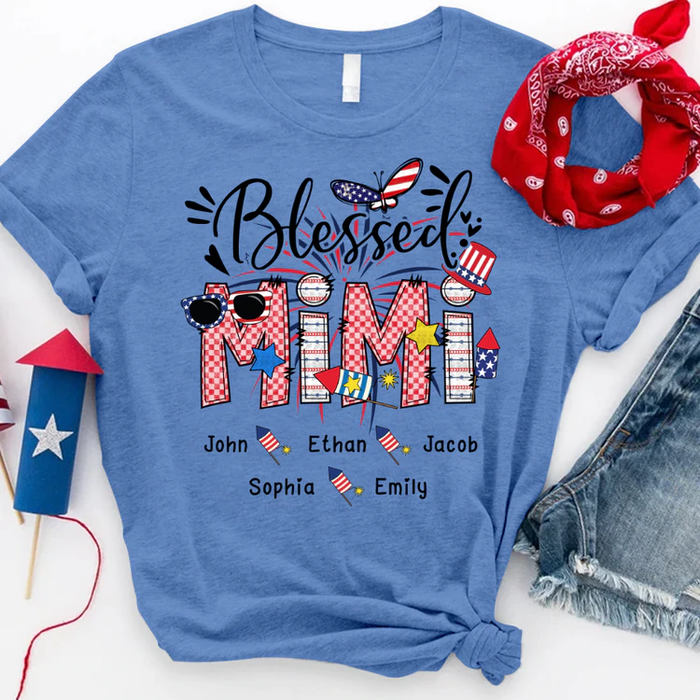 Personalized T-Shirt For Grandma Blessed Mimi USA Flag & Plaid Design Custom Grandkids Name 4th Of July Shirt