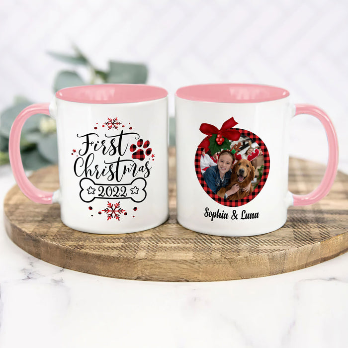 Personalized Coffee Mug Gifts For Dog Lovers First Christmas Snowflakes Ribbon Custom Name Accent Cup For Christmas