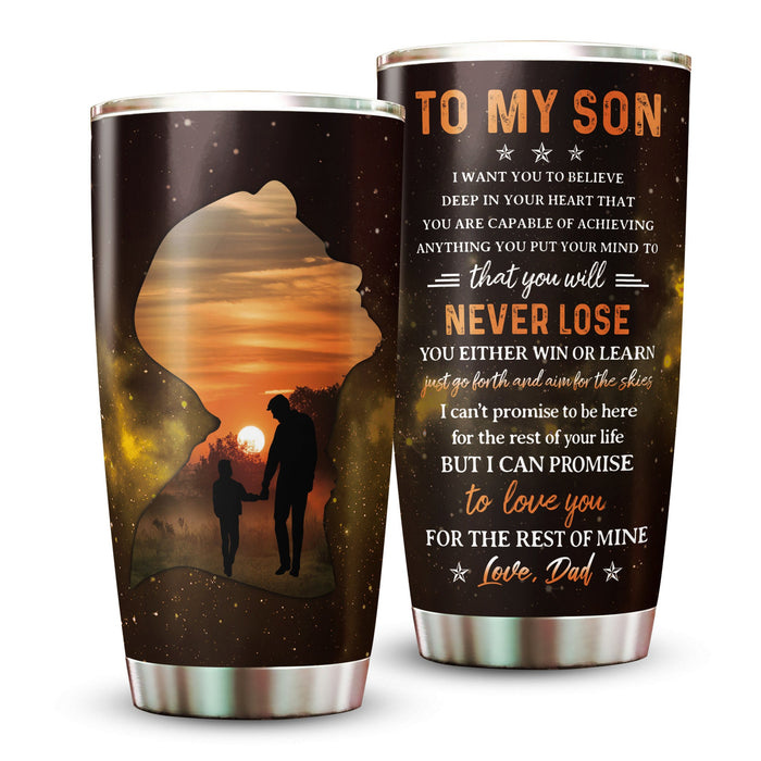 Personalized To My Son Tumbler From Dad Sunset Hand In Hand Promise Love You Custom Name Travel Cup Birthday Gifts