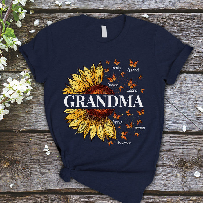 Personalized T-Shirt For Grandma Sunflower Butterfly Art Printed Custom Grandkids Name Shirt