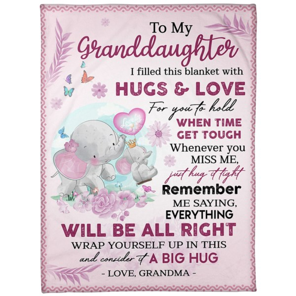 Personalized Blanket To My Granddaughter From Grandma Hug It Lovely Elephant With Flower Printed Custom Name