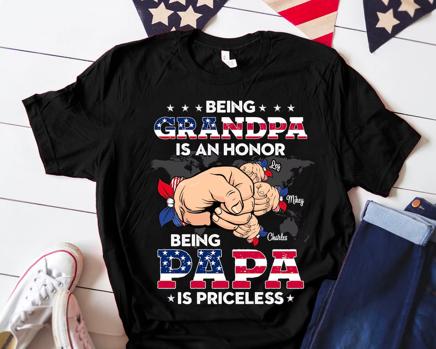 Personalized T-Shirt For Grandpa Being Papa Is Priceless Fist Bump Print USA Flag Design Custom Grandkids Name