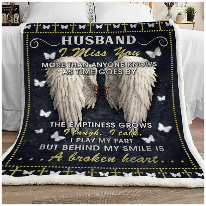 Memorial Fleece Blanket For Husband In Heaven I Miss You White Angel & Butterfly Print Custom Name Sympathy Blanket