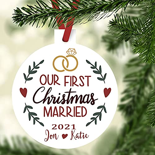 Personalized Circle Ornament For Couple Our First Christmas Married Custom Name & Year Rings & Heart Leaves Printed