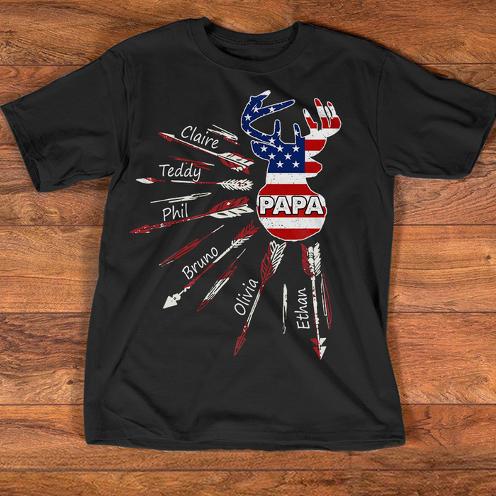 Personalized T-Shirt For Hunting Lovers Grandpa Papa Dear Hunting Arrow & American Flag Printed Custom Grandkids Name