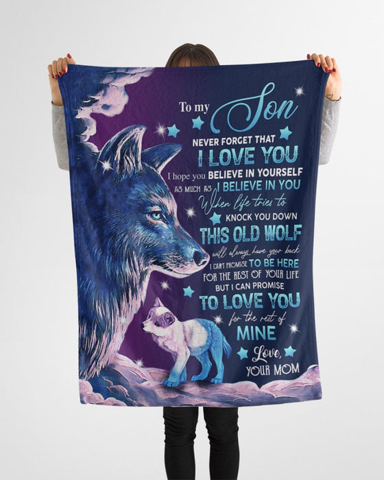 Personalized To My Son Blanket From Mom Never Forget That I Love You Old Wolf & Baby Wolf With Stars Printed