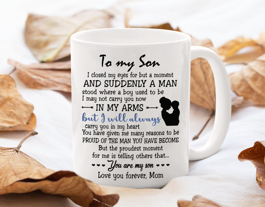 Personalized To My Son Coffee Mug From Mom Hugging Carry You In My Heart Custom Name Funny Cup Gifts For Birthday