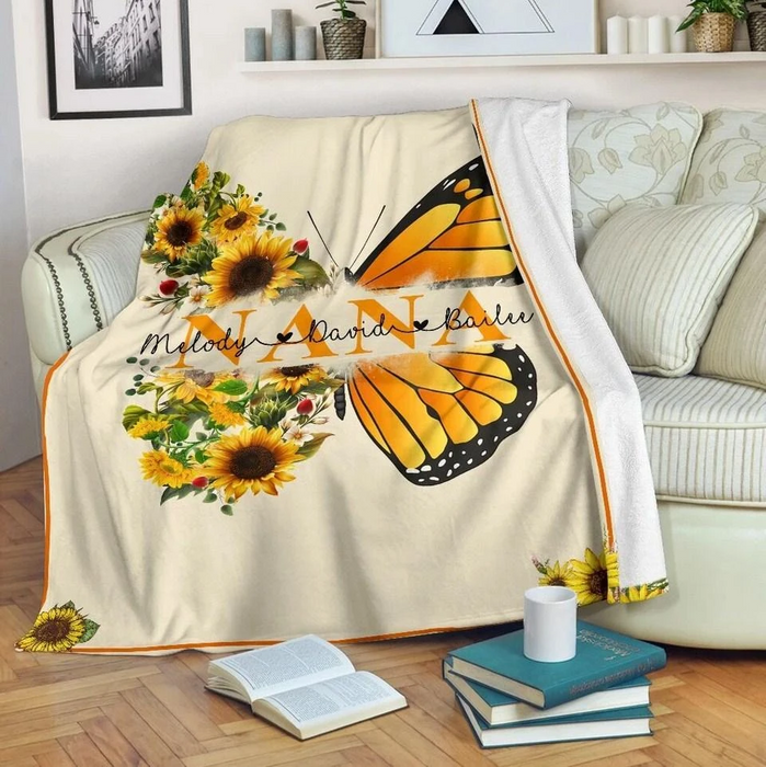 Personalized To My Grandma Fleece Blanket From Kids Butterfly & Sunflower Printed Custom Nickname & Name