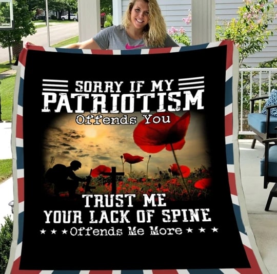 Fleece Blanket for Army Sorry If My Patriotism Offends You With Print Flowers And  Veteran Cross USA Flag Border
