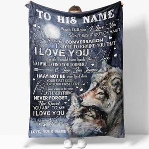 Personalized Fleece Blanket For To My Boyfriend I Love You To The Moon And Back Romantic Wolf Couple Print Customized