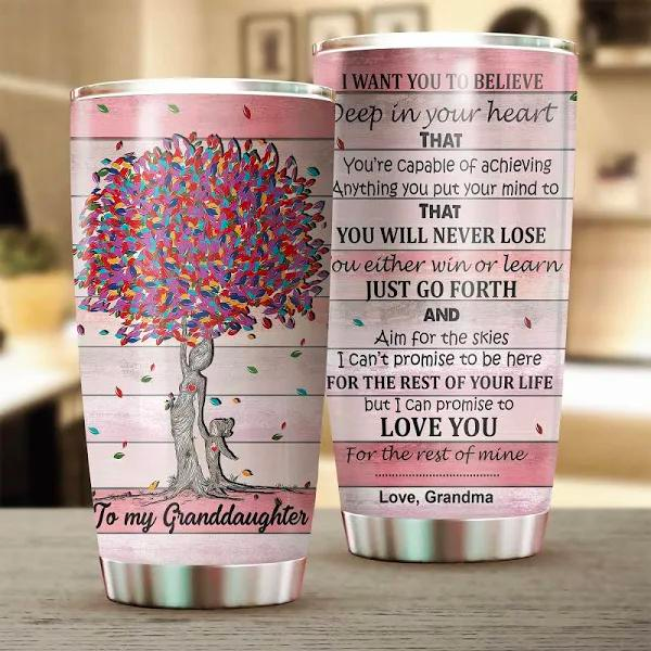 Personalized Tumbler To Granddaughter Gifts From Grandma Believe In Your Heart Colorful Tree Custom Name Travel Cup 20oz