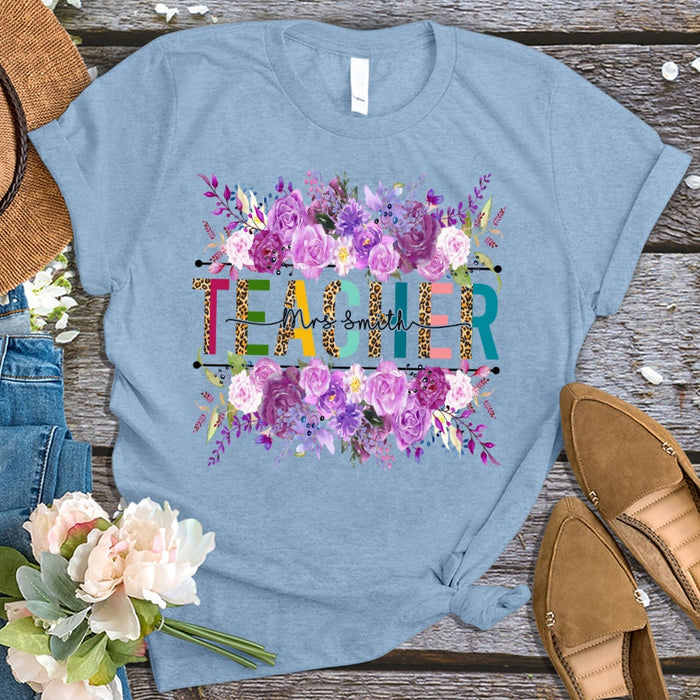 Personalized T-Shirt For Teacher Purple Flower Leopard Monogram Design Custom Name Shirt Gifts For Back To School