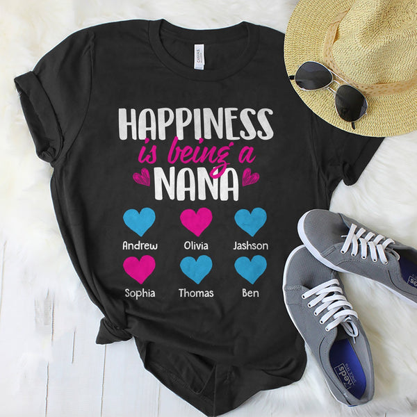 Personalized T-Shirt For Grandma Happiness Is Being A Nana Colorful Heart Printed Custom Grandkids Name