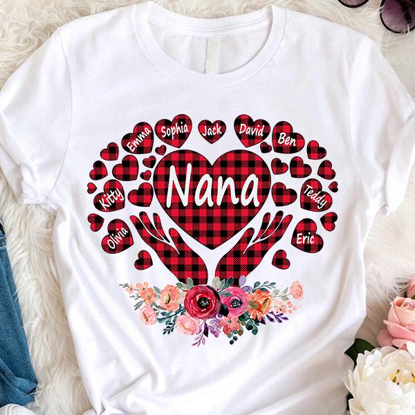 Personalized T-Shirt For Grandma Nana Heart Hand And Flower Printed Plaid Design Custom Grandkid's Name