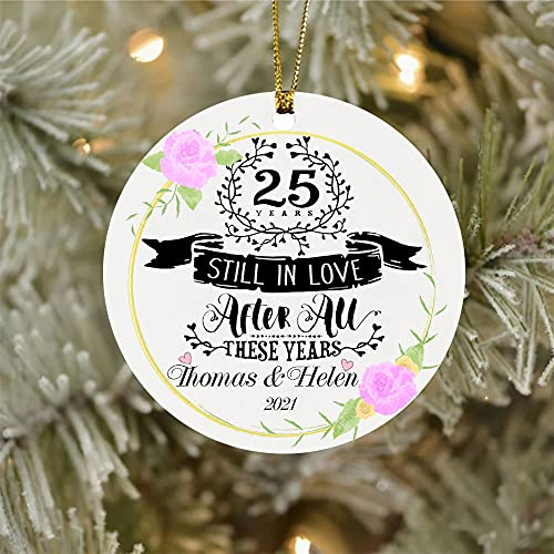 Personalized Circle Ornament For Couples Still In Love After All These Years Flower Printed Custom Name & Year Number