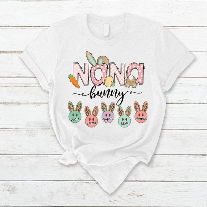 Personalized T-Shirt For Grandma Nana Bunny Cute Bunny With Carrot & Easter Eggs Printed Custom Grandkids Name