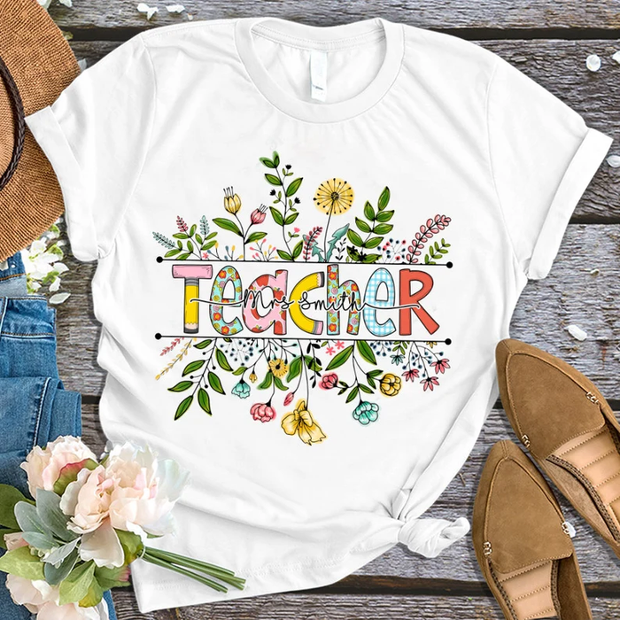 Personalized T-Shirt For Teachers Mrs. Smith Colorful Flowers Design Custom Name Back To School Outfit