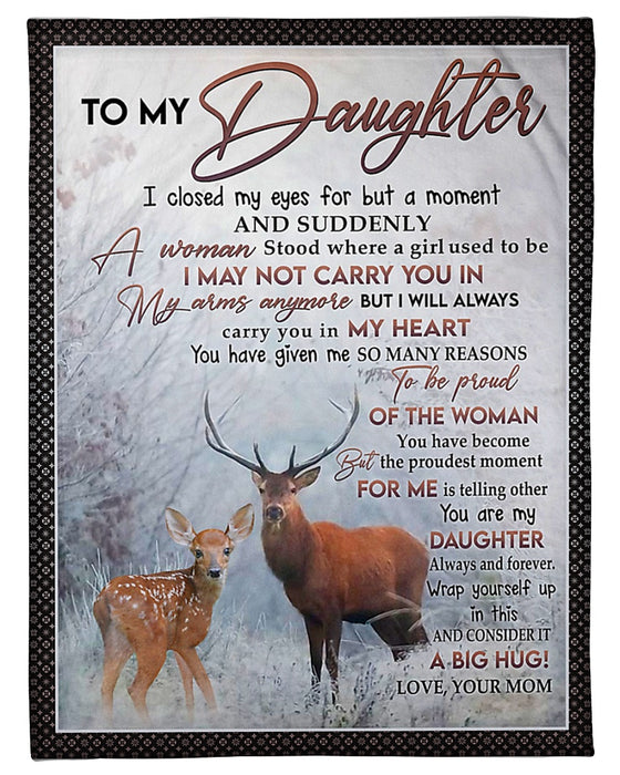 Personalized Premium Fleece Blanket To My Daughter I Will Carry You In My Heart Deer Family Blankets Custom Name